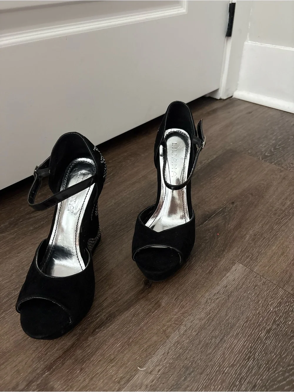 Liliana Black Suede Peep-Toe Ankle Strap Heels